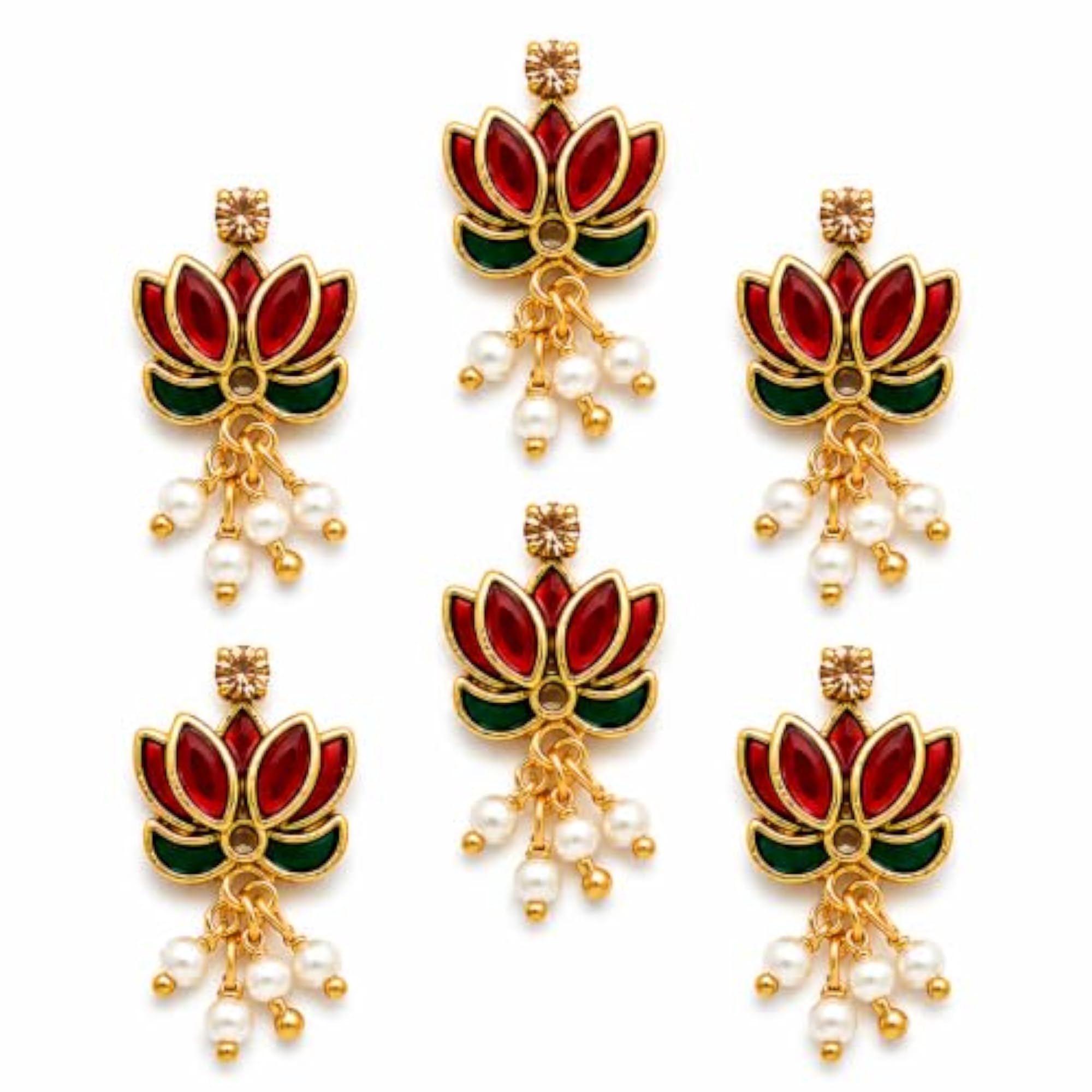 Red Lotus U Pin Hair Accessory with Kundan Stones